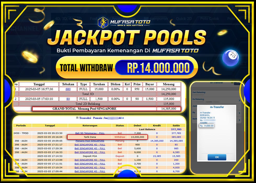 MUFASATOTO POOL SINGAPORE Rp.14.000.000 | LUNAS